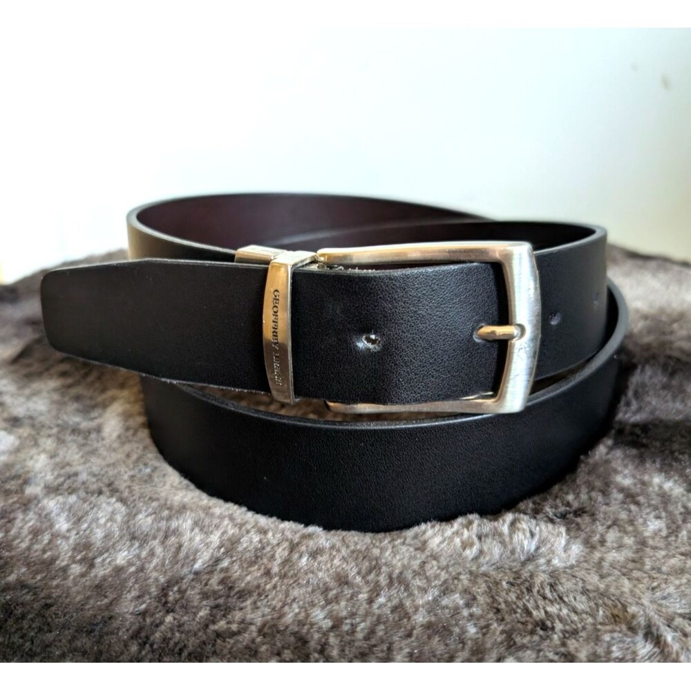 Geoffrey Beene Leather Belt Men's 40 Black Silver Office Business Made in Italy